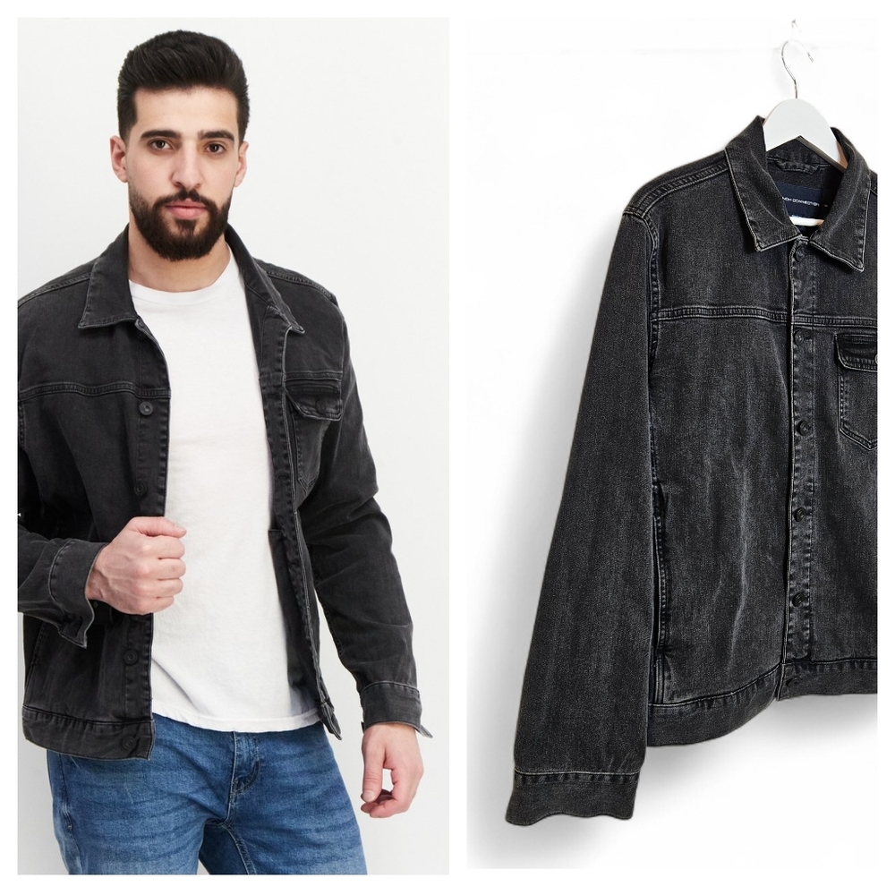 French Connection Men's Denim Shirt Jacket M Button Front Shacket Black Classic